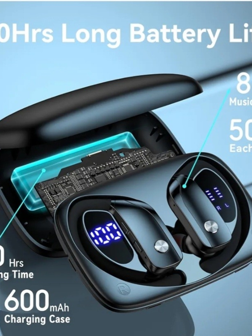 Wireless Earhook Bluetooth Earbuds with LED Display - Black